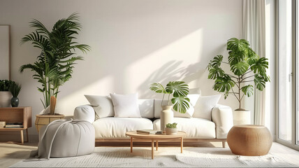 A contemporary living room showcasing a balanced blend of modern and natural elements. The wooden armchairs, sofa and potted plants