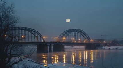 Full moon rising over a city bridge and river, with soft reflections of city lights on the water creating a tranquil and serene night scene