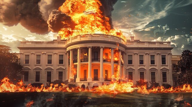 White House engulfed in flames representing chaos destruction and dramatic events in a politically charged environment with a dark and intense atmosphere