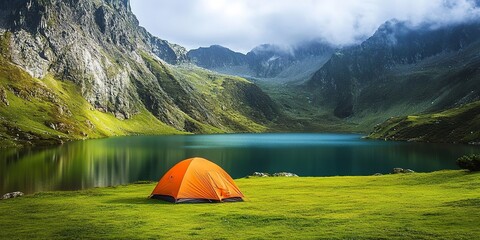 A bright orange tent pitched on a grassy field next to a lake in a beautiful mountain landscape