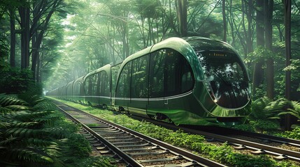 Interior view of a vintage train traveling through a lush green forest featuring wooden seats and large windows offering scenic views of nature during the journey