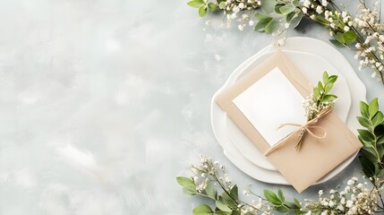 Beautifully designed wedding invitation placed on an elegantly decorated table surrounded by lush floral arrangements candles and other romantic decor elements