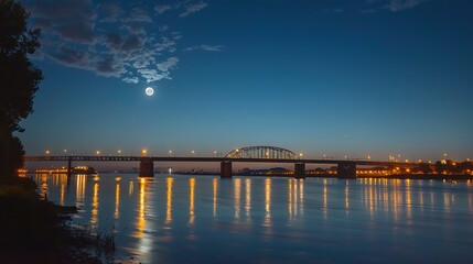 Obraz premium Moonlit cityscape featuring a bridge over a calm river with reflections of the full moon and city lights creating a serene and tranquil urban night scene