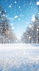 Serene winter scene with falling snow and snow-covered trees under a bright blue sky, creating a tranquil, magical atmosphere.