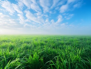 Obraz premium Expansive Green Meadow Under a Breathtaking Blue Sky with Wispy Clouds