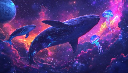 Vibrant Cosmic Whales and Jellyfish Nebula Illustration