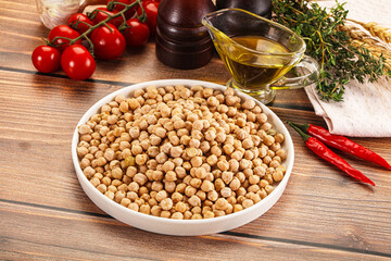 Dry chickpea seeds heap in the bowl