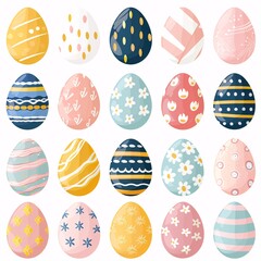 1. Colorful Easter eggs collection, pastel colors, various patterns and designs, stripes, dots, flowers, swirls, geometric shapes, blue, pink, yellow, green eggs, decorated eggs arranged in rows,