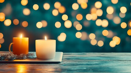 Two glowing candles on a cozy surface create a warm and inviting atmosphere with beautiful bokeh lights in the background.