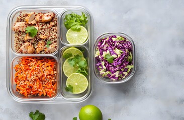 Healthy meal prep containers with quinoa, chicken and cole slaw