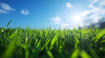 Obraz premium Lush Green Grass Carpet in Early Morning Under Bright Blue Sky