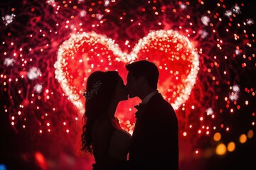 Bride and groom kissing with fireworks heart shaped background