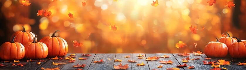 Vibrant autumn scene featuring pumpkins on a wooden surface, with colorful leaves and a warm, glowing background.