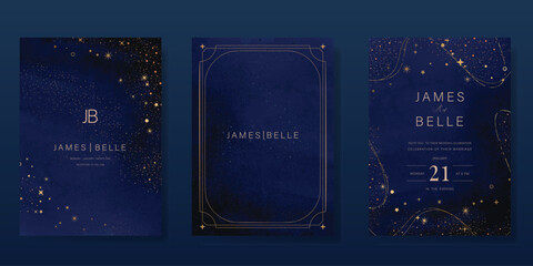 Luxury invitation card design vector set. Elegant wedding card with little star moon sun and space decorative on watercolor navy blue background. Design illustration for cover, poster, gala.