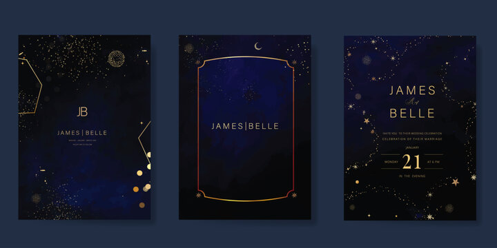 Luxury invitation card design vector set. Elegant wedding card with little star moon sun and space decorative on watercolor navy blue background. Design illustration for cover, poster, gala.