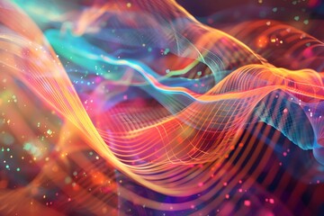 Abstrakte Darstellung von Frequenzen und Wellenformen in leuchtenden Farben