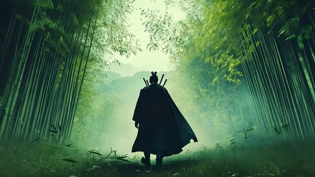 Anime-inspired samurai walking through a bamboo forest, mystery, warrior, adventure