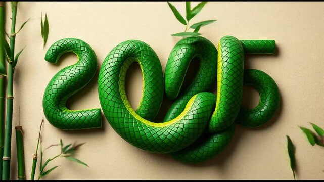 2025 Numbers Entwined with Vibrant Green Snake: Symbolic New Year Concept with Nature Elements on Textured Background