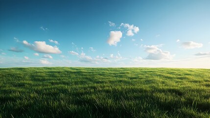 Obraz premium Early Morning Peaceful Landscape of Expansive Green Meadow Under Cloudless Blue Sky