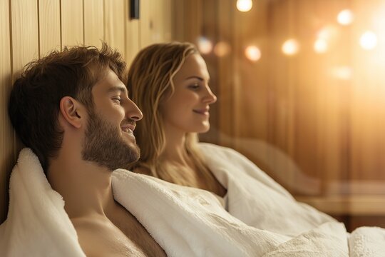 Couple enjoying a relaxing spa sauna together, sitting in a warm, wooden sauna room, with peaceful expressions, reflecting wellness, tranquility, and the shared experience of self-care