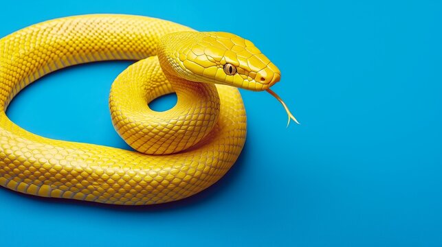 A yellow snake coiled on a blue background, creating a striking contrast between the vibrant yellow of the snake and the deep blue backdrop, highlighting the snake's smooth scales and elegant form