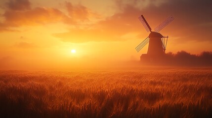 A rustic windmill silhouette against a golden wheat field at sunset, Main keyword wheat, Concept timeless beauty