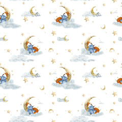Foxes sleep on clouds in a seamless pattern. Watercolor illustration. A fox in blue pajamas drinks tea from a mug, Funny little fox in the clouds isolated on the background. Stars and Crescents