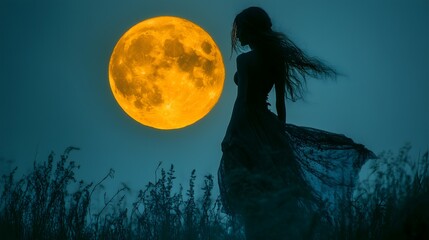 Silhouette of a witch standing in a field under the mystical full moon, with glowing orange light and flowing hair creating a dramatic and serene night scene