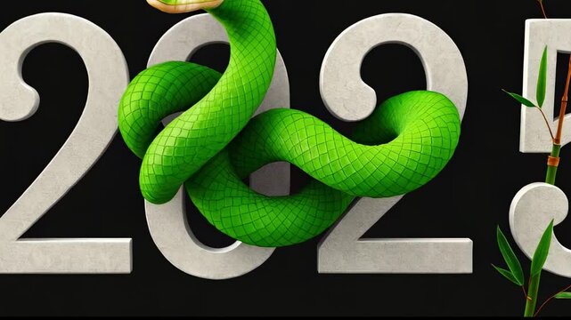 2025 Numbers Entwined with Vibrant Green Snake: Symbolic New Year Concept with Nature Elements on Textured Background