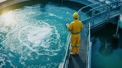 Industrial workers in hard hats walking through water treatment plant or aeration tank in wastewater and sewage treatment plant, industrial water recycling and purification