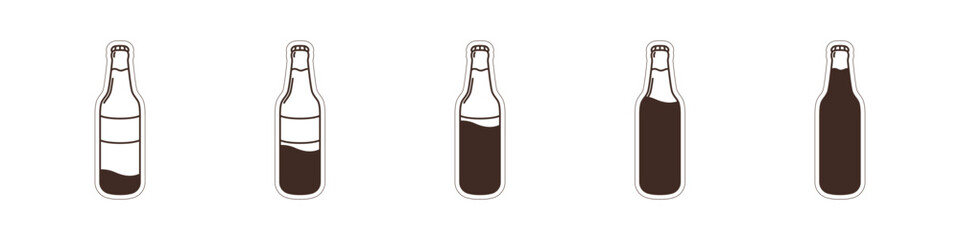 Set of linear bottles vector. Icons set of water bottles. Bottles with filling from minimum to maximum. Bottle stickers vector. Vector illustration.