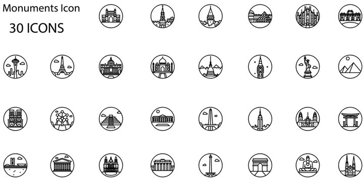 Set of Monuments icons. Line art style icons bundle. vector illustration