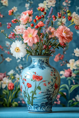 A decorative vase with flowers, isolated on a pastel cream background, representing the beauty of floral arrangements,