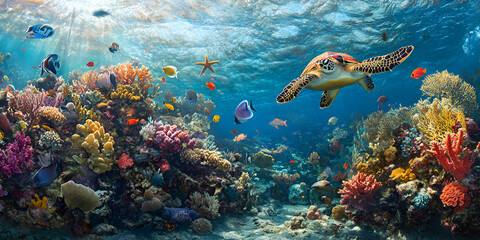 Fototapeta premium Coral Reef with Sea Turtle