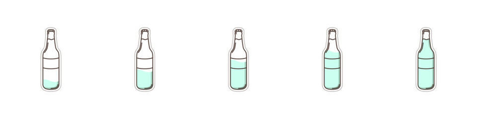 Set of linear bottles vector. Icons set of water bottles. Bottles with filling from minimum to maximum. Bottle stickers vector. Vector illustration.