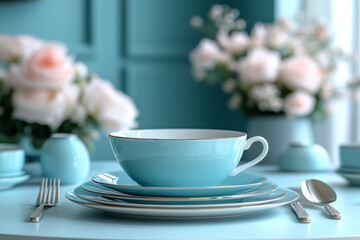 Fototapeta premium A set of stylish tableware, isolated on a pastel blue background, capturing the art of table setting and dining decor,