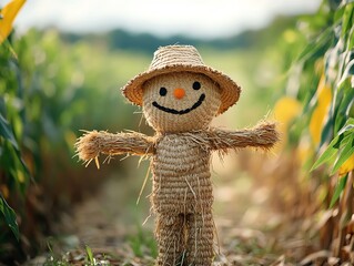 Fototapeta premium Scarecrow made of straw standing in a cornfield, Main keyword straw, Concept agricultural tradition
