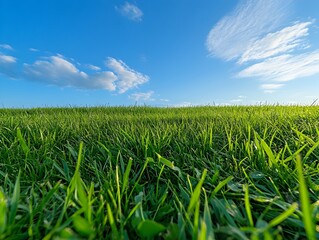 Obraz premium Lush Verdant Field Under Expansive Blue Sky with Wispy Clouds