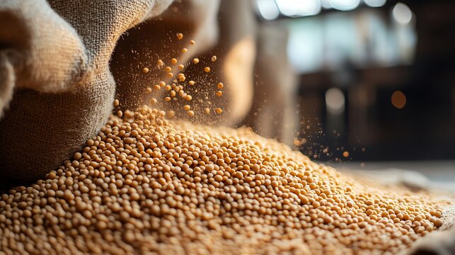 Soybean meal being packaged into feed bags, Main keyword soybean meal, Concept ready for distribution