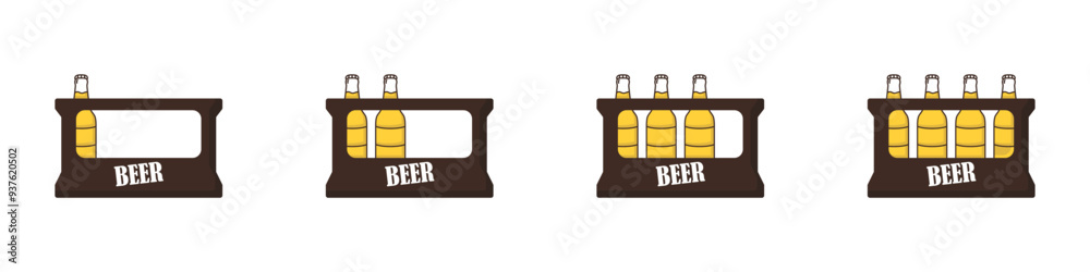 Poster beer crate vector. set of boxes with bottles vector. set of beer bottles. stickers of an empty and f