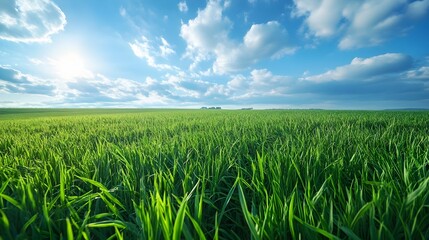 Obraz premium Picturesque Early Morning Countryside Landscape with Vibrant Green Grass and Clear Blue Sky