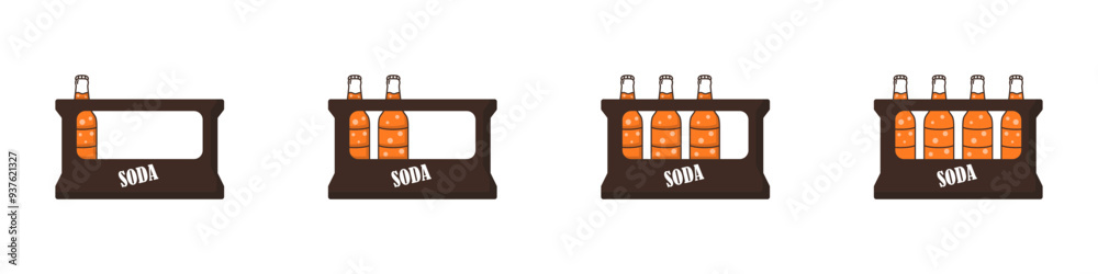 Poster soda crate vector. set of boxes with bottles vector. set of soda bottles. stickers of an empty and f