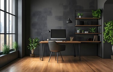 home office with wooden floor, black wall and industrial desk with computer,workspace