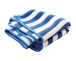 A neatly folded striped beach towel in blue and white colors, perfect for summer adventures by the sea.