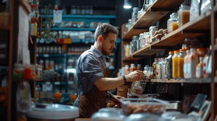 Small business owner arranges merchandise on shelves. Decorate points of interest for customers