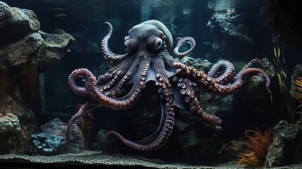 Obraz premium An Octopus Rests on Rocks in a Dark Aquarium