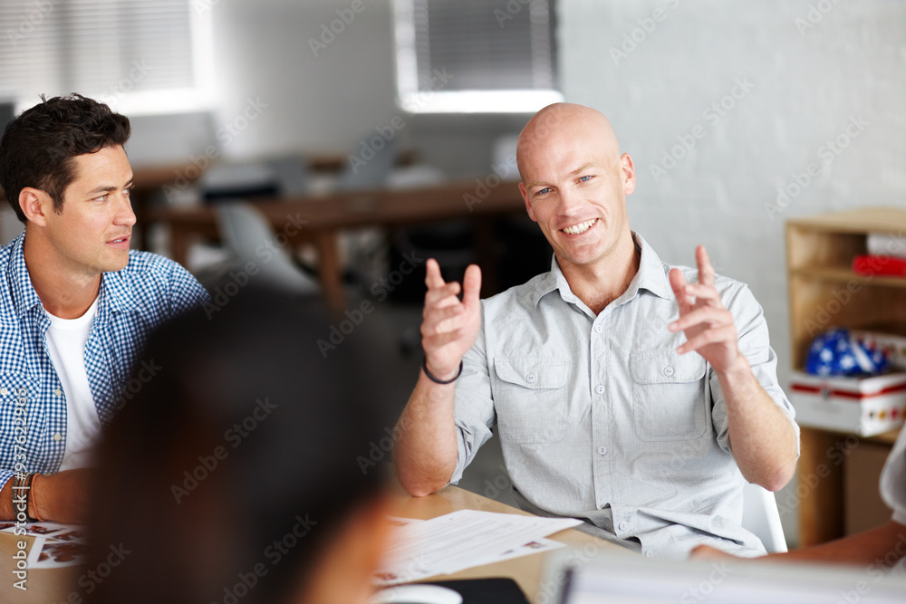 Poster business people, office and meeting collaboration with boss and social media management with strateg