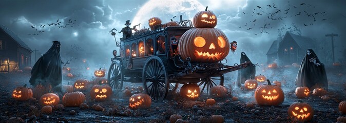 A spooky Wild West stagecoach surrounded by jack-o'-lanterns and ghostly figures, set against a backdrop of a deserted town under a full moon. The scene includes ample copy space for additional
