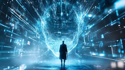 Person Standing in Front of a Digital Head in a Futuristic Scene.