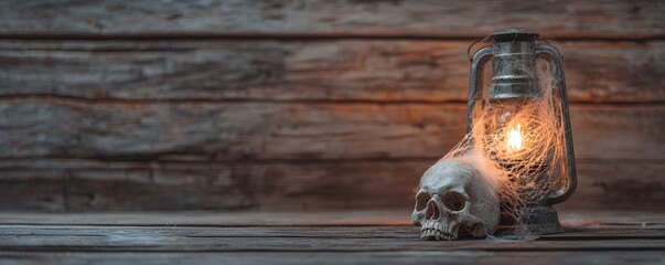A close-up of an antique lantern casting flickering light on a cobweb-covered skull, set against a weathered wooden background. The image has a vintage horror atmosphere with generous copy space.